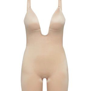 Spanx Suit Your Fancy Plunge Low-Back Mid-Thigh Bodysuit in Champagne Beige